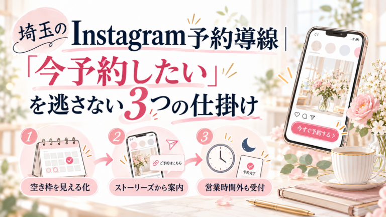 埼玉のInstagram予約導線で、空き枠の見える化・ストーリーズ活用・営業時間外の受付を紹介するイラスト