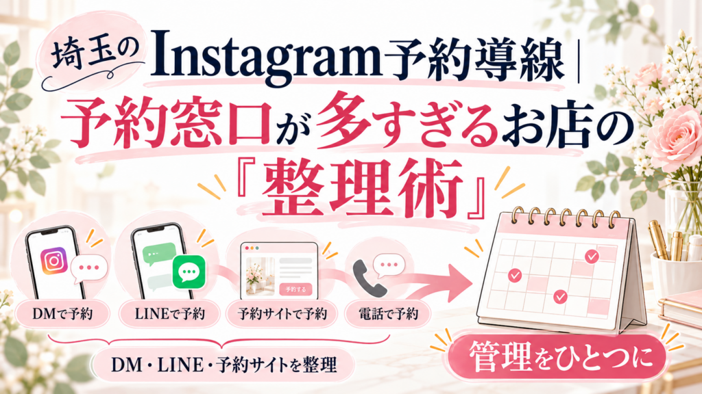 埼玉のInstagram予約導線で、DM・公式LINE・予約サイト・電話の受付を一元管理する整理術を紹介したイラスト