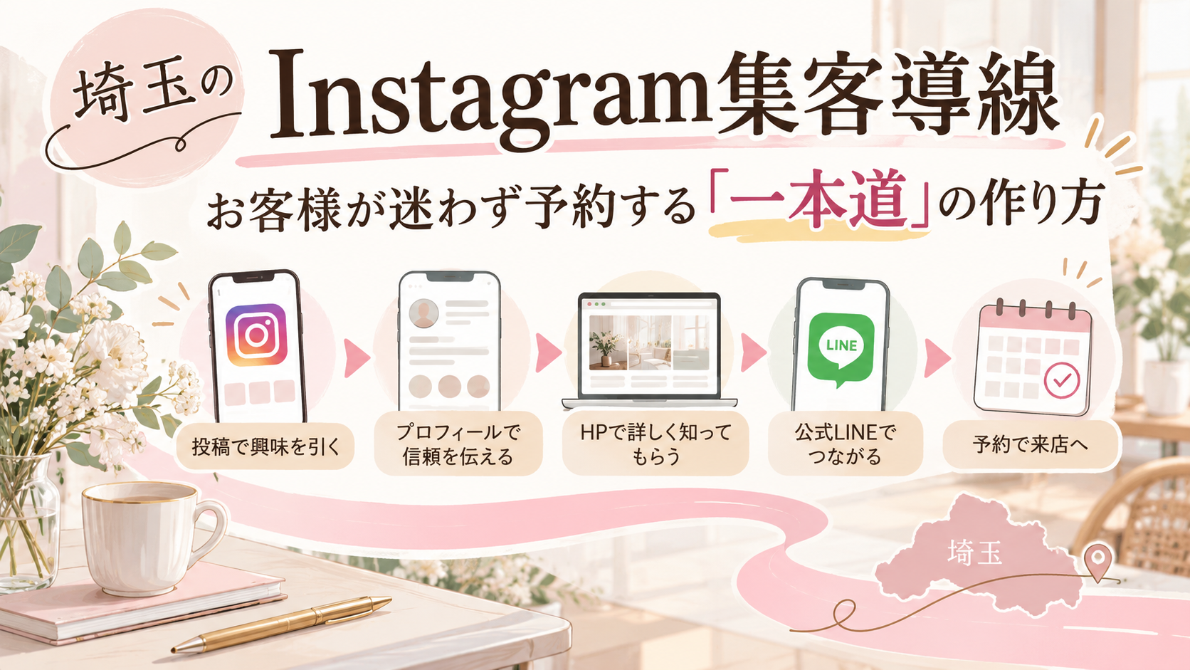 埼玉のInstagram集客導線を、投稿・プロフィール・ホームページ・公式LINE・予約までの流れで解説したイラスト