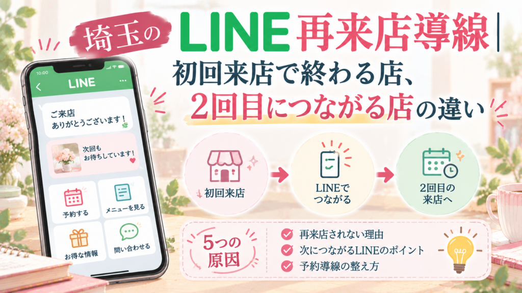 埼玉のLINE再来店導線について、初回来店で終わる5つの原因と、2回目の来店につなげるLINE活用・予約導線の改善方法を紹介するイラスト