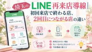 埼玉のLINE再来店導線について、初回来店で終わる5つの原因と、2回目の来店につなげるLINE活用・予約導線の改善方法を紹介するイラスト