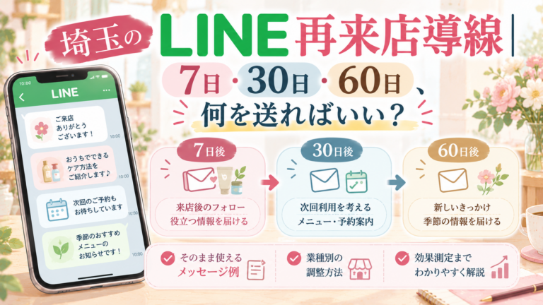 埼玉のLINE再来店導線について、来店後7日・30日・60日の配信内容と、再来店につなげるメッセージ例や予約案内を紹介するイラスト