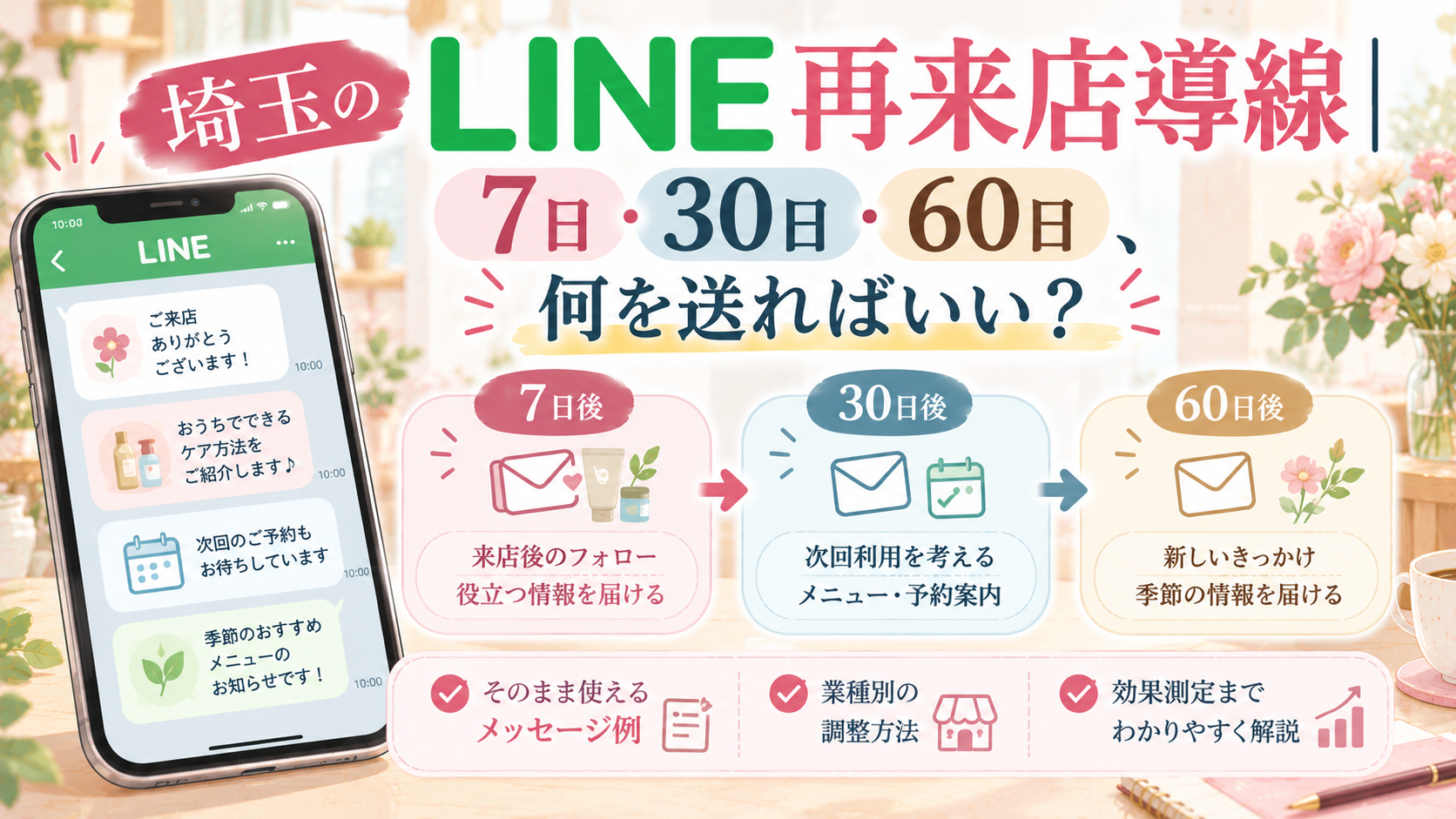 埼玉のLINE再来店導線について、来店後7日・30日・60日の配信内容と、再来店につなげるメッセージ例や予約案内を紹介するイラスト
