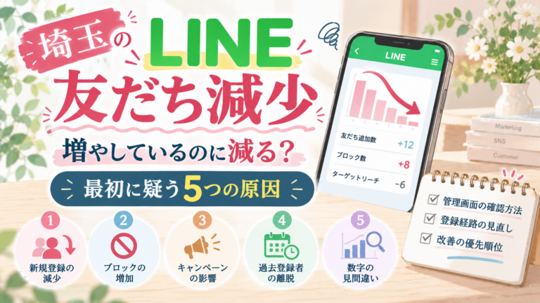 埼玉のLINE友だち減少について、新規登録の減少・ブロックの増加・キャンペーンの影響・過去登録者の離脱・数字の見間違いという5つの原因を紹介するイラスト