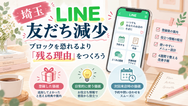 埼玉のLINE友だち減少を防ぐために、登録時の価値・日常的に使う価値・次回来店時の価値という3つのポイントを紹介したイラスト