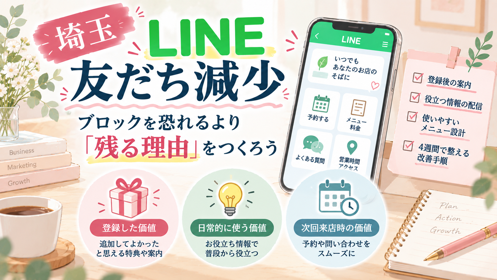 埼玉のLINE友だち減少を防ぐために、登録時の価値・日常的に使う価値・次回来店時の価値という3つのポイントを紹介したイラスト