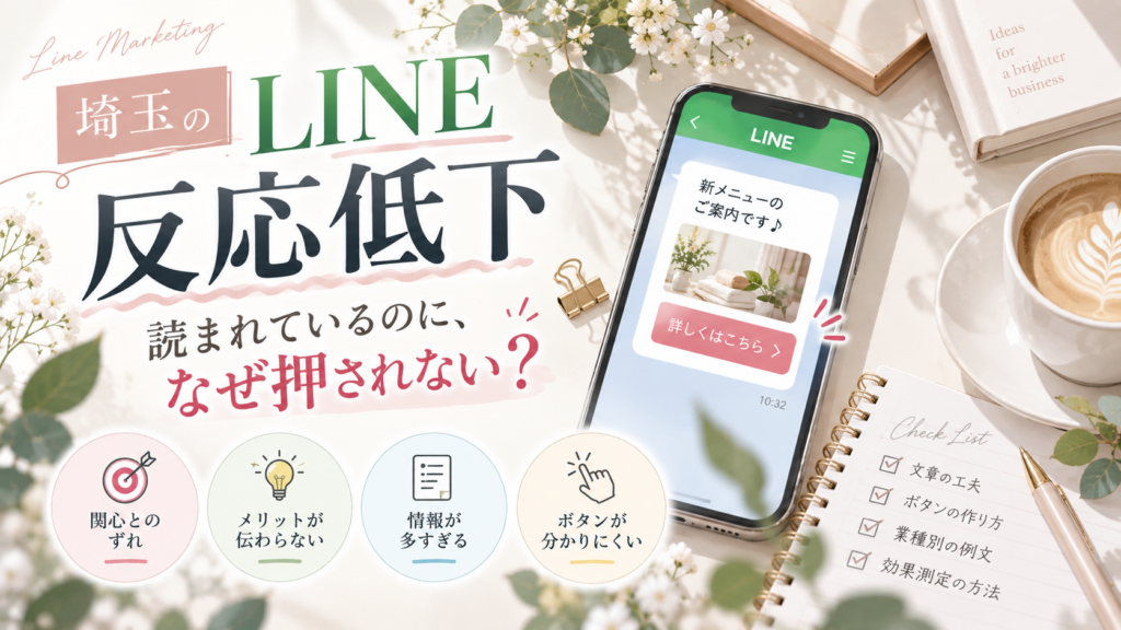 埼玉のLINE反応低下について、開封されてもクリックされない4つの原因を紹介するイラスト。