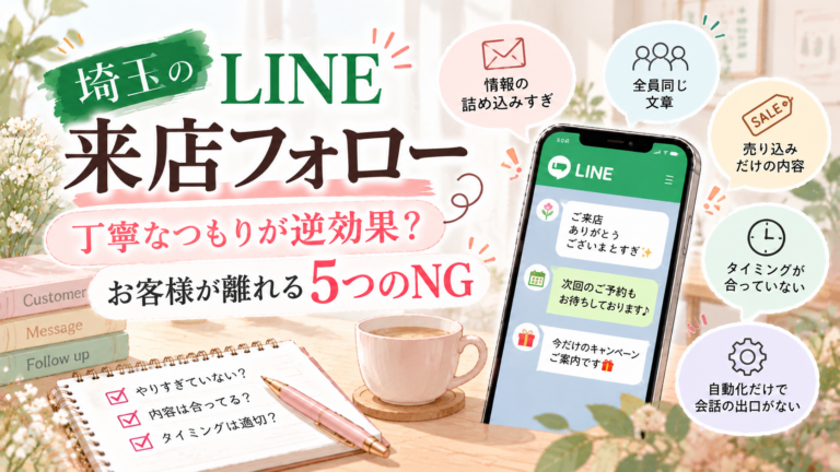 埼玉のLINE来店フォローでお客様が離れる5つのNGを紹介するイラスト