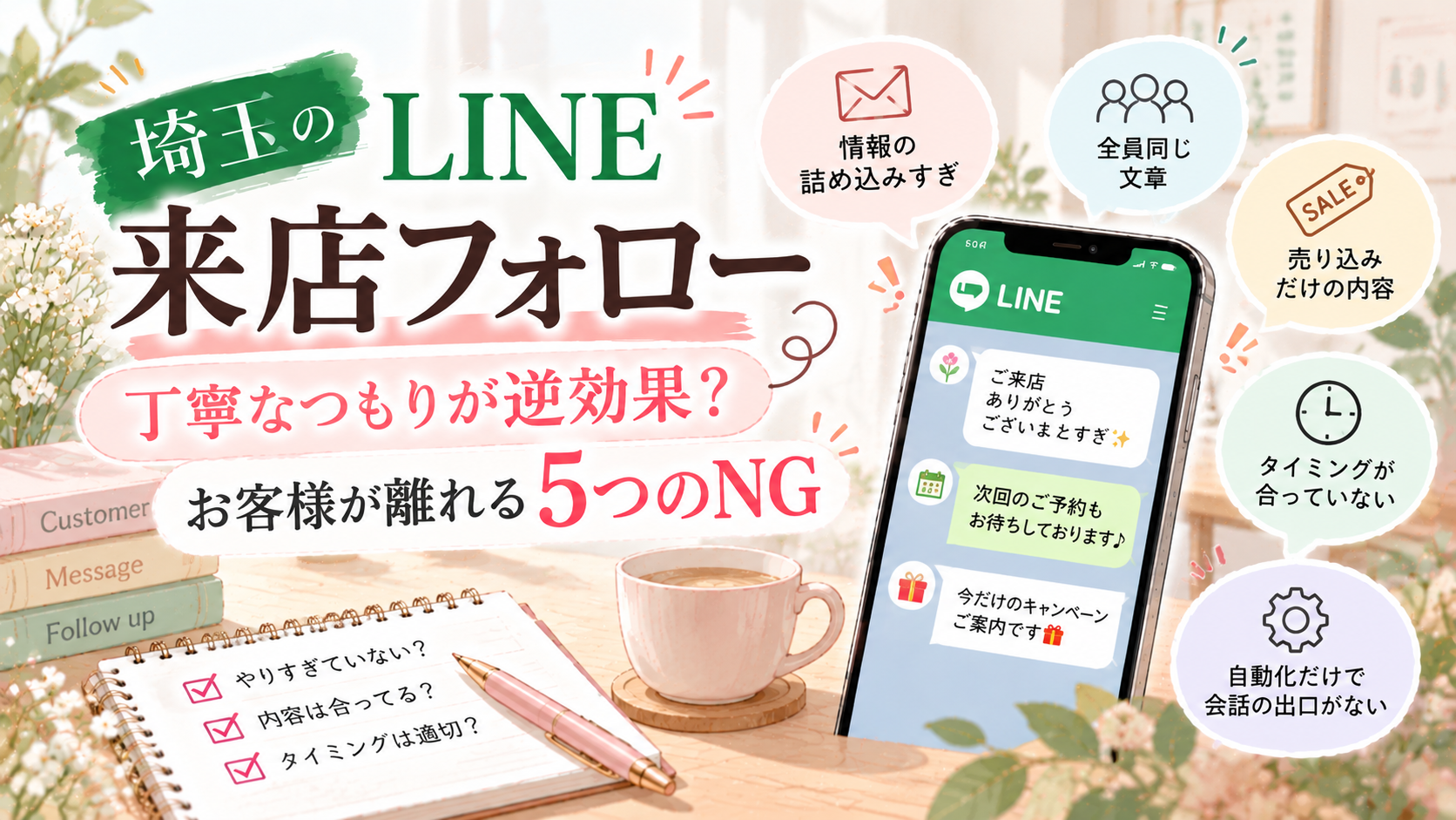 埼玉のLINE来店フォローでお客様が離れる5つのNGを紹介するイラスト