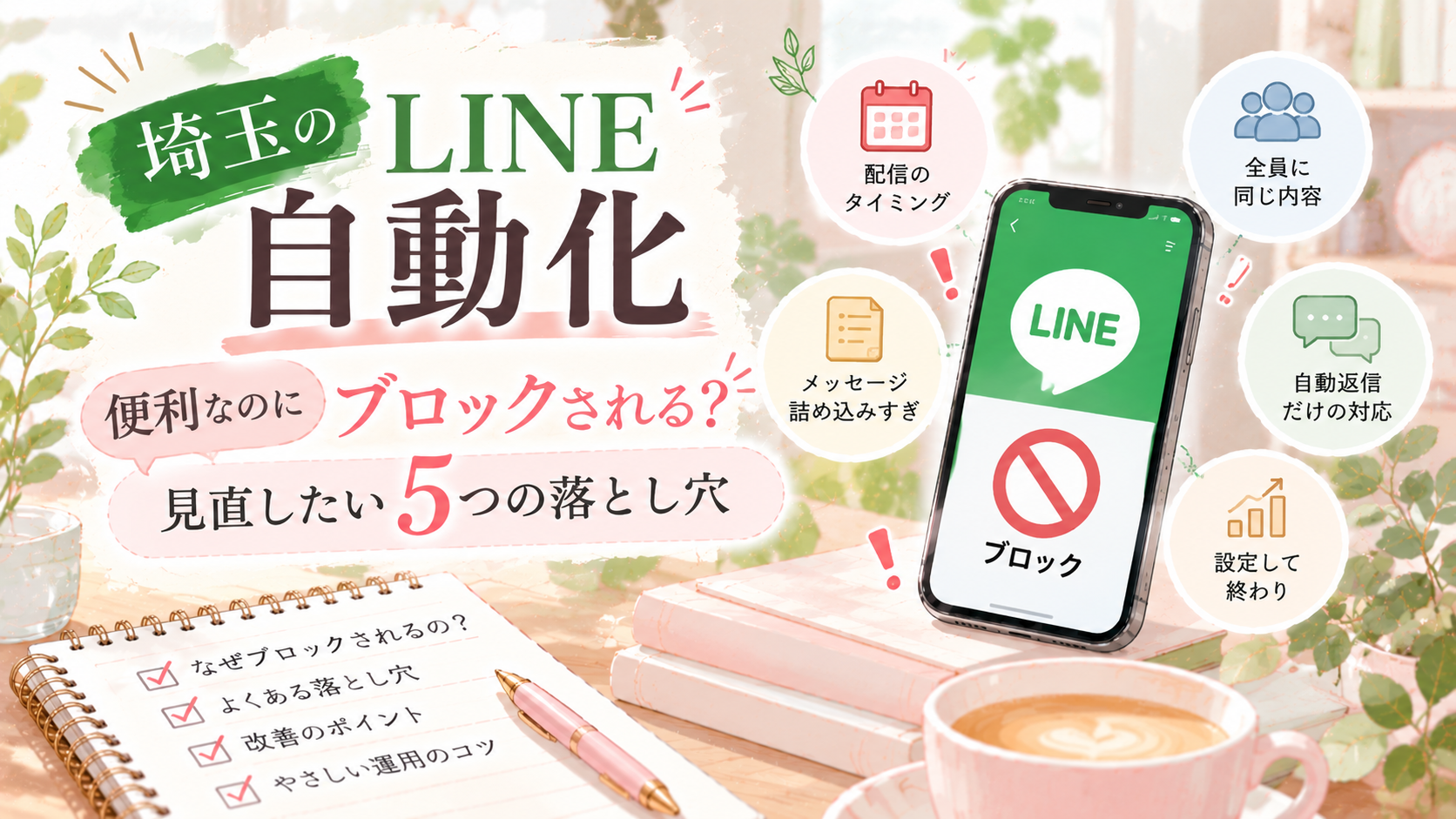 埼玉のLINE自動化でブロックにつながる5つの落とし穴を紹介するイラスト
