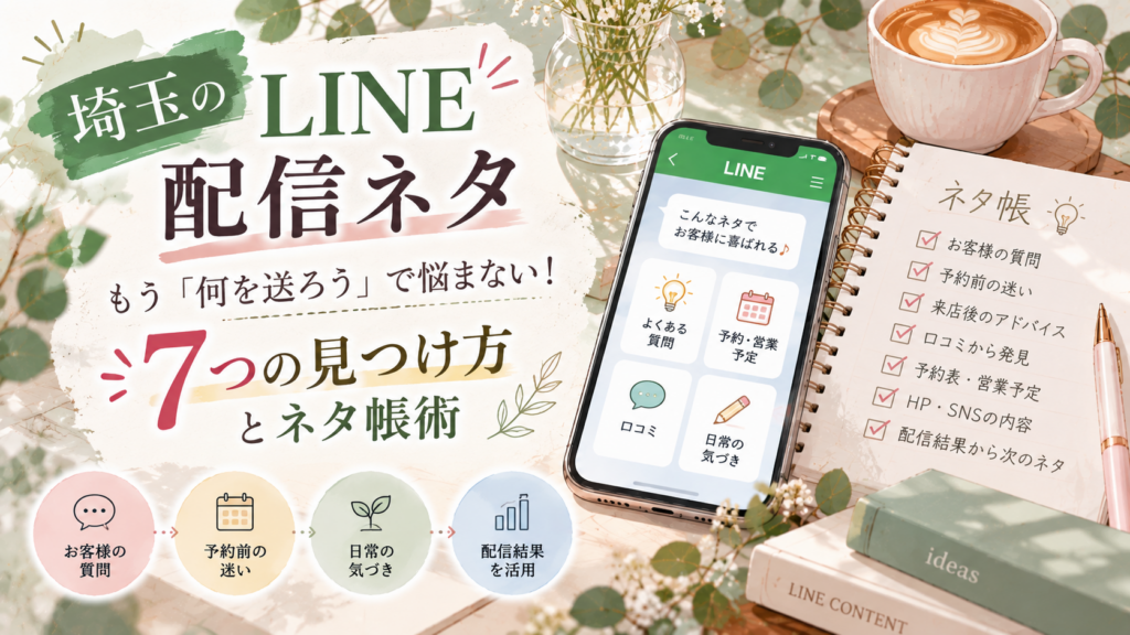 埼玉のLINE配信ネタを見つける7つの方法と、ネタ帳の活用を紹介するイラスト。