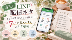 埼玉のLINE配信ネタを見つける7つの方法と、ネタ帳の活用を紹介するイラスト。