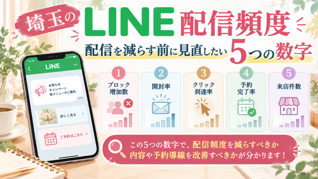 埼玉のLINE配信頻度について、ブロック増加数・開封率・クリック到達率・予約完了率・来店件数の5つの数字をイラストで紹介