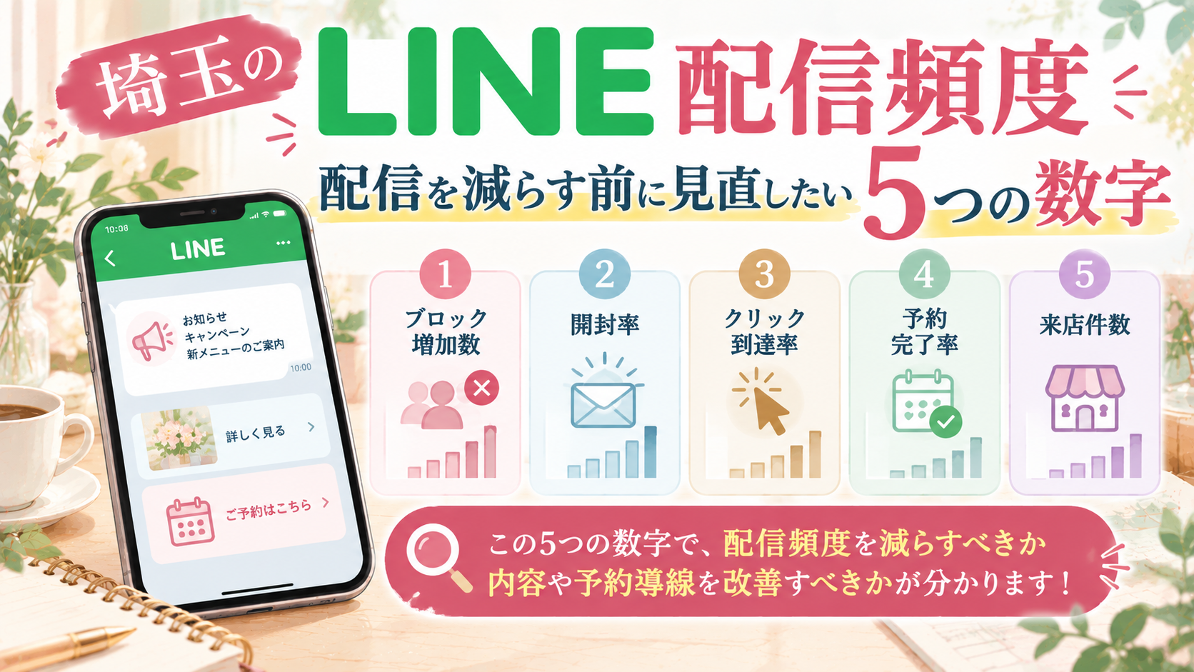 埼玉のLINE配信頻度について、ブロック増加数・開封率・クリック到達率・予約完了率・来店件数の5つの数字をイラストで紹介