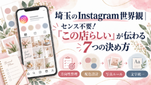 埼玉のInstagram世界観をセンスに頼らず作る7つの決め方を、配色・写真・文字のイラストで紹介