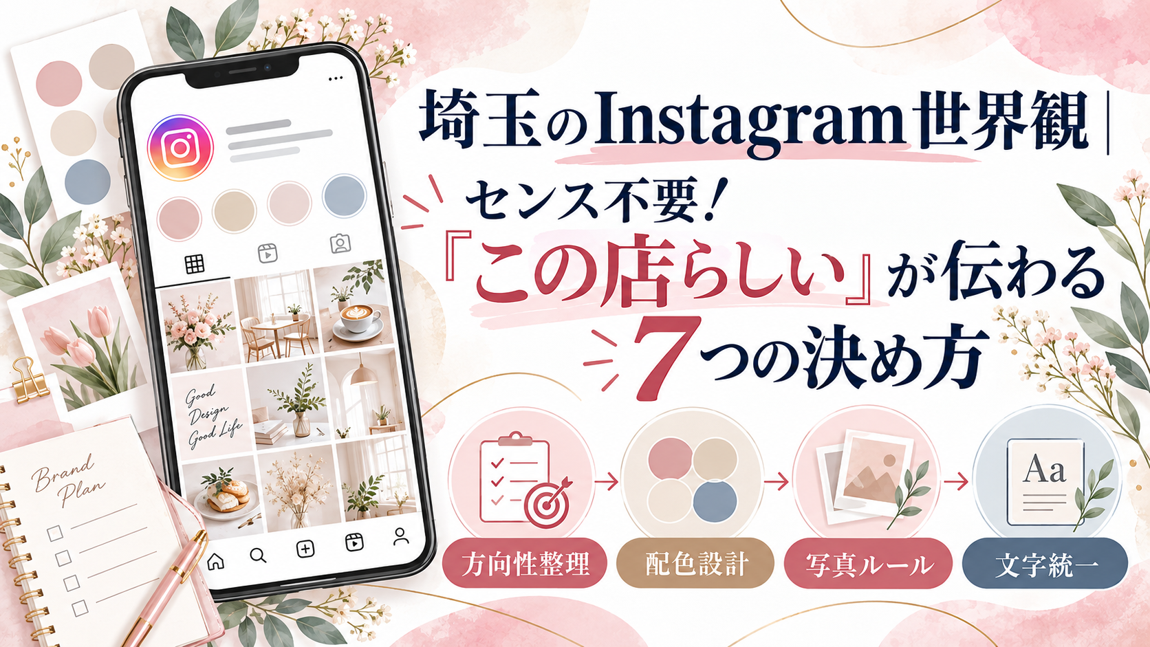 埼玉のInstagram世界観をセンスに頼らず作る7つの決め方を、配色・写真・文字のイラストで紹介