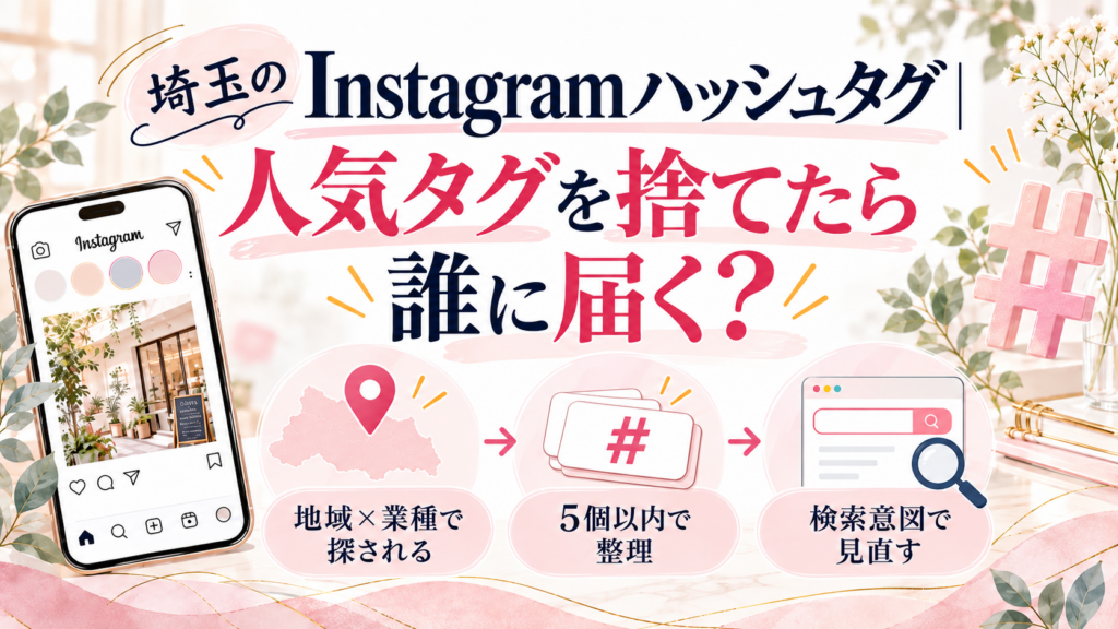 埼玉のInstagramハッシュタグで、人気タグと地域タグの違いや、地元客に届くタグの選び方を解説したイラスト