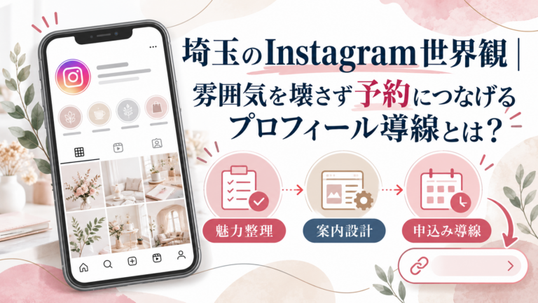 埼玉のInstagram世界観を守りながら、プロフィール設計と予約導線を整える方法を解説したイラスト