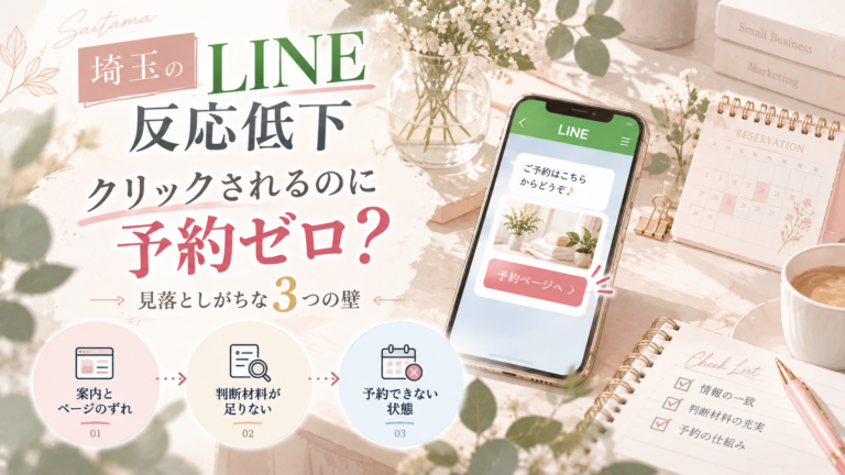 埼玉のLINE反応低下について、クリックされても予約につながらない3つの原因を紹介するイラスト。