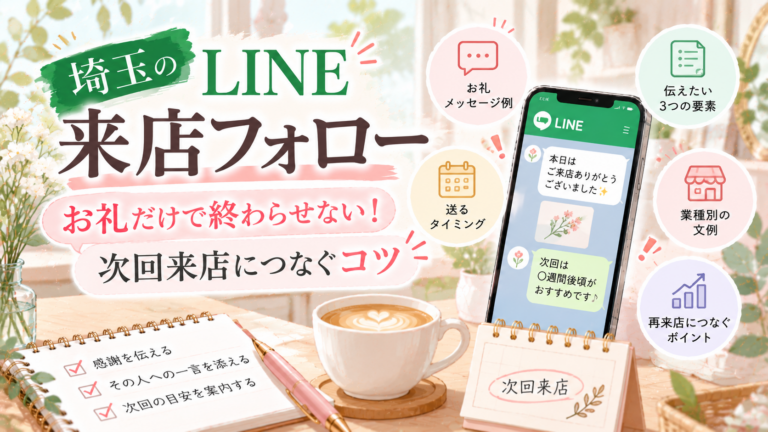 埼玉のLINE来店フォローで次回来店につなげるコツを紹介するイラスト