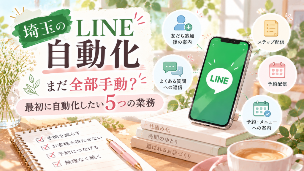 埼玉のLINE自動化で最初に自動化したい5つの業務を紹介するイラスト