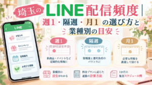 埼玉のLINE配信頻度について、週1・隔週・月1の違いと業種別の目安、配信スケジュールの選び方を比較したイラスト