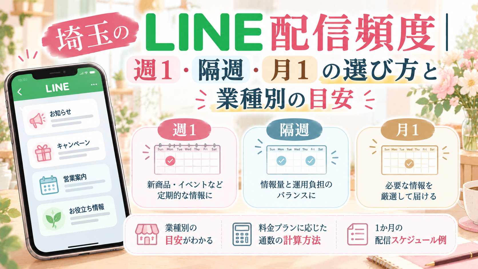 埼玉のLINE配信頻度について、週1・隔週・月1の違いと業種別の目安、配信スケジュールの選び方を比較したイラスト