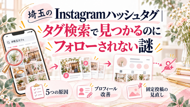 埼玉のInstagramハッシュタグ検索で見つかってもフォローされない5つの原因と改善方法を解説したイラスト