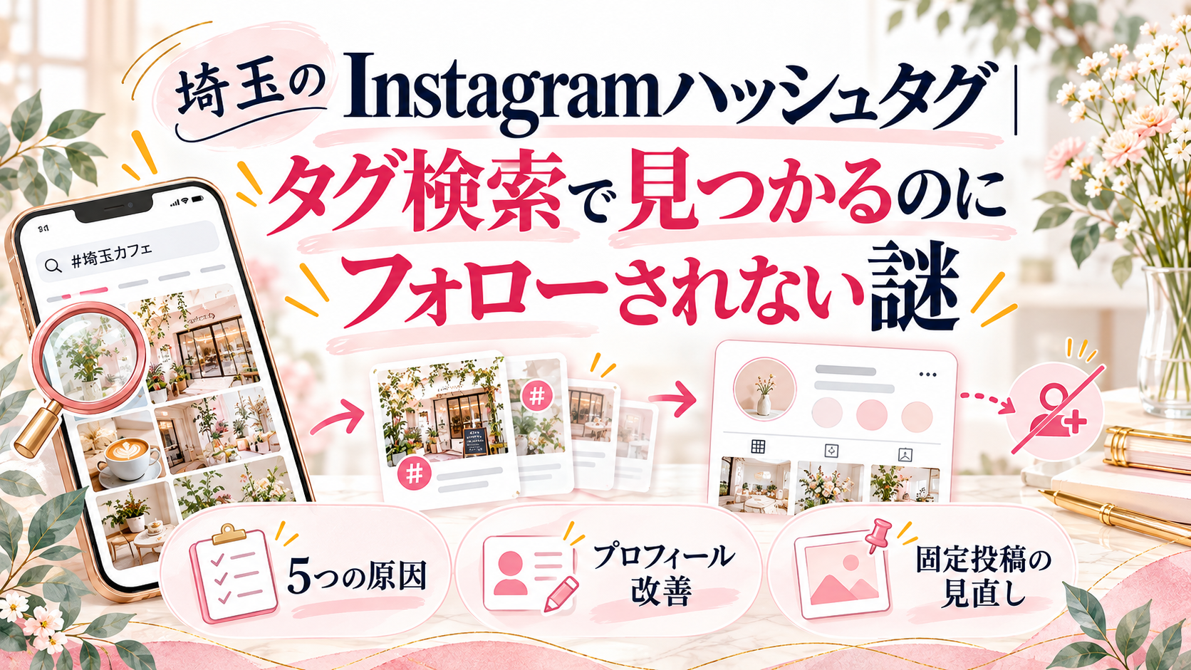 埼玉のInstagramハッシュタグ検索で見つかってもフォローされない5つの原因と改善方法を解説したイラスト