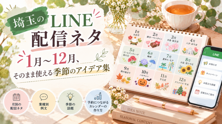 埼玉のLINE配信ネタを1月〜12月の季節別に紹介する、年間カレンダーのイラスト。
